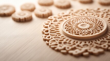 Obraz premium Light beige, decorative, circular, patterned cookie cutters, on a light wooden surface