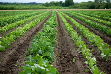 Rows of Lush Green Vegetables Growing in a Farm Field eco soil crop food rural fresh leafy garden   