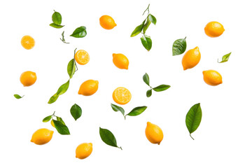 Freshly Sliced Lemons Surrounded by Vibrant Green Leaves on a Transparent Background