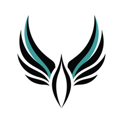 Abstract winged logo featuring black and teal feathered design on a clean white background