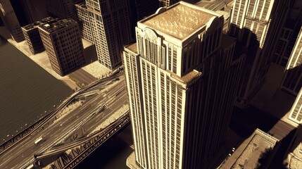 Fototapeta premium Aerial perspective Brooklyn bridge with detailed artistic texture in vintage style evoking nostalgic urban cityscape and classic design