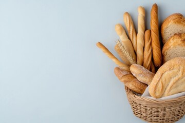 Freshly baked bread assortment displayed in a wicker basket against a light blue background