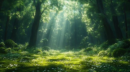 Obraz premium A serene forest scene with sunlight streaming through the trees and illuminating a mossy forest floor.