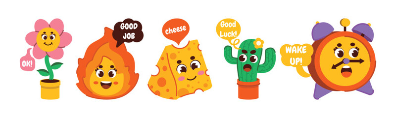 A whimsical illustration showcasing a group of cheerful cartoon characters, including a flower, flame, cheese, cactus, and alarm clock, each expressing a different sentiment in speech bubbles.