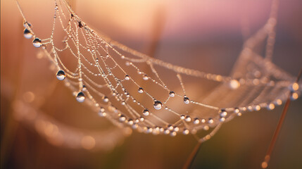 A delicate spider web glistens with morning dew, shimmering against the backdrop of a soft, ethereal dawn, evoking a sense of fragile beauty and the wonders of nature.