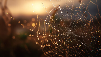 A delicate spiderweb glistens with dew drops as the sun sets behind it, creating a breathtaking display of nature's artistry.