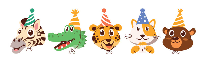 A colorful vector illustration of various cartoon animal heads wearing party hats, evoking a joyous and festive atmosphere.