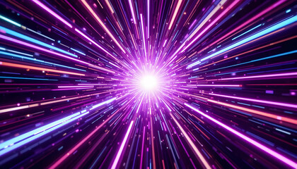 Fototapeta premium Abstract Hyperlight Speed Tunnel Vibrant Neon Rays and Glowing Energy Burst in Purple, Pink, Blue