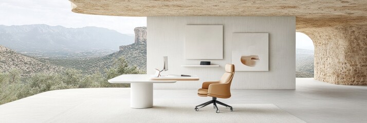 Obraz premium Modern minimalist workspace with panoramic views