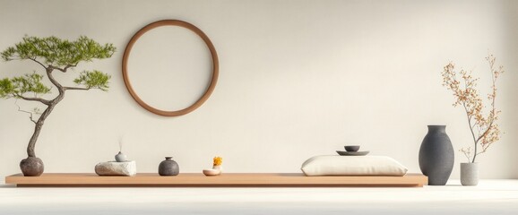 Minimalist zen-inspired space with wooden platform, bonsai, and decorative items