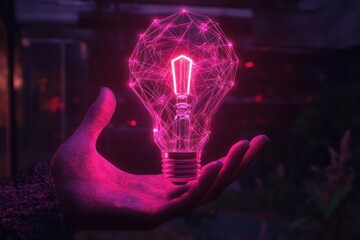 luminous wireframe bulb, floating above hand, digital innovation concept, dark neon