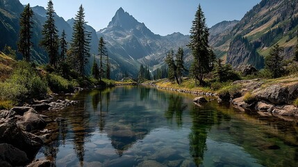 A serene mountain lake reflecting the surrounding peaks like a mirror on a calm and sunny day.
