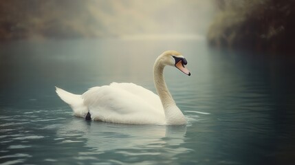 Obraz premium Majestic swan glides on misty river