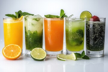 Colorful variety of refreshing drinks with fruit garnishes displayed on a bright surface
