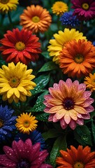 Fototapeta premium A vibrant collection of daisy flowers in shades of red, orange, and yellow, creating a warm and energetic floral display.