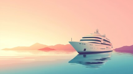 A luxury yacht rests peacefully at sunrise over a tranquil ocean.