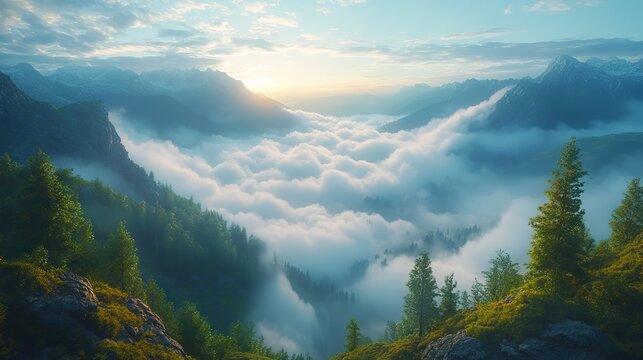 A serene mountaintop vista with clouds rolling in the valleys below, a breathtaking and majestic view.