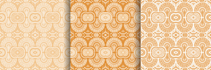 Set of three seamless panels displaying an intricate decorative pattern with swirls and dots in variations of warm orange and cream/white on a light background. Ideal for backgrounds or textures