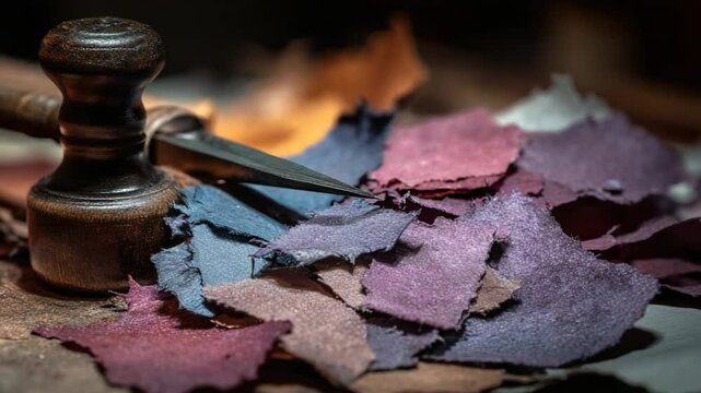 Close-up of colorful leather scraps with a crafting tool on a rustic workbench, showcasing artistry