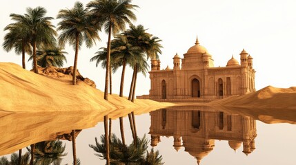 Tranquil Desert Oasis with Iconic Building and Palm Trees Reflections