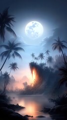 Fototapeta premium Serene tropical sunrise, full moon, mystical landscape, glowing opening