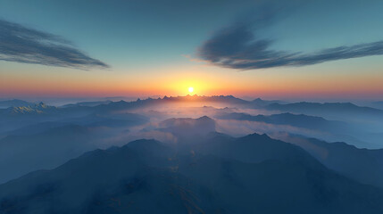 Obraz premium Sunrise over a misty mountain range. A breathtaking vista of a sunrise illuminating a landscape of layered mountains shrouded in ethereal clouds. Soft light bathes the peaks and valleys