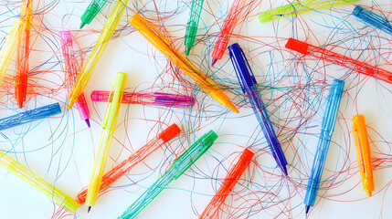 Colorful pens and markers scattered on a white surface, tangled with colorful lines