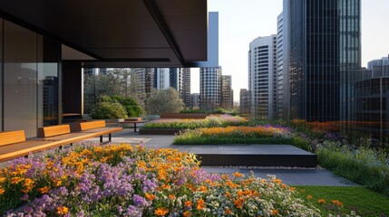 Fototapeta premium Stunning Urban Rooftop Garden with Flower Beds and Cityscape View
