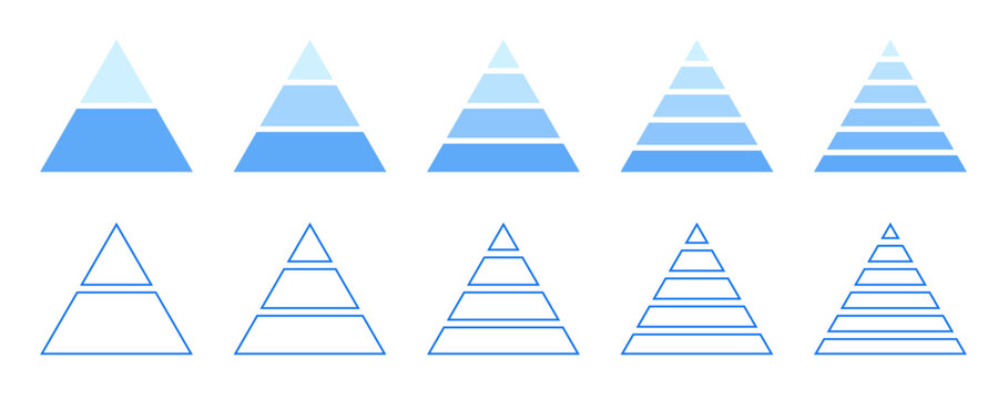 Pyramid chart set. Infographics template with 2, 3, 4, 5, 6 steps. Triangular layer diagram.