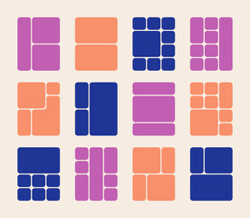 Creative bento grid template set. Colorful trendy geometric brick layout collection. Pictures collages with trendy Y2k elements.