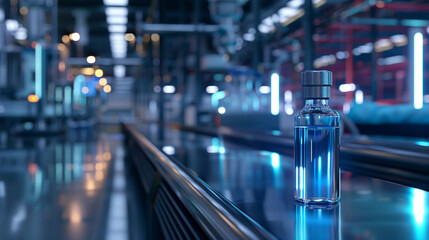Fototapeta premium Futuristic Glass Vial with Glowing Blue Liquid on Sterile Lab Surface, Blurred Vaccine Production Equipment in Background, Symbolizing Medical Innovation and Scientific Breakthrough