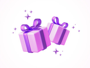 3d Vibrant Pink Gift Boxes with Purple Ribbons, bow and Sparkling Stars &ndash; Festive Vector Art