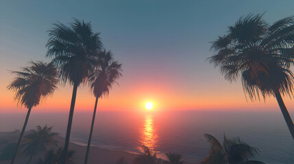 Fototapeta premium Tropical sunset over calm ocean, with silhouettes of palm trees framing the scene. Sunrise colors paint the sky and water