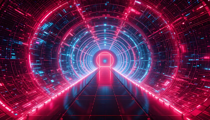 Neon Cyber Tunnel Futuristic Digital Corridor with Glowing Pink and Blue Lights, Abstract 3D Render