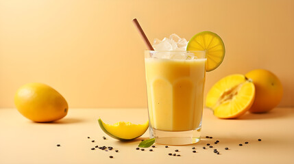 Icy mango smoothie with lime and straw on table
