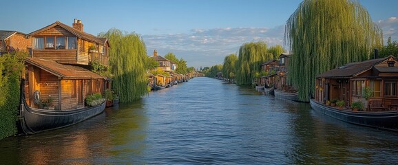 Canal lined with charming wooden houses and boats
