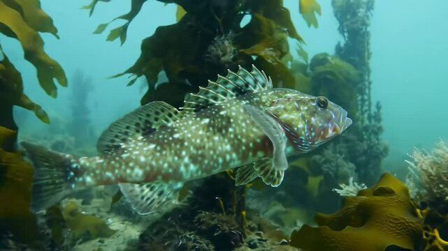 Colorful underwater scene featuring a spotted fish swimming among lush seaweed in a vibrant ocean ecosystem - sea wolf fish