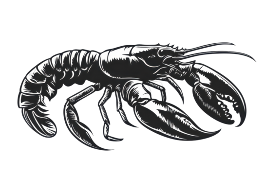 Hand drawn lobster illustration in black and white style on transparent background for seafood design