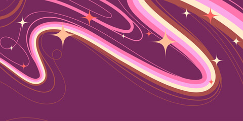 Fluid Colorful Lines and Sparkling Stars on Dark Pink Background. Retro hand drawn swirls with vibrant movement. Perfect for cards, posters, flyers, web, banners