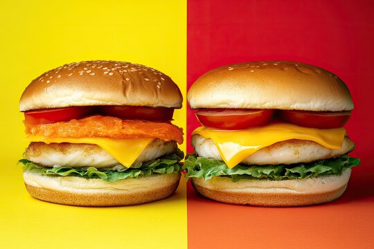 Two hamburgers, side-by-side, on contrasting yellow and red backgrounds. Each features a sesame seed bun, two patties, cheese, lettuce, and tomato slices. One burger has a vibrant orange topping