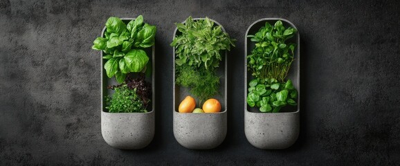Modern wall-mounted herb gardens in concrete containers