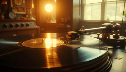 Vintage Turntable Playing Vinyl Record in Warm Ambient Lighting Nostalgia and Analog Sound