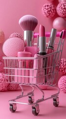 Shopping cart filled with pink beauty products against a vibrant pink background