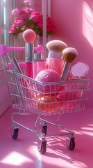 Shopping cart filled with vibrant pink beauty products on a bright pink background with flowers