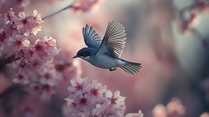 Bird in flight amongst cherry blossoms