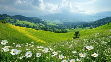 Fototapeta premium Lush green hills sloping down to a valley, dotted with white flowers and houses, beneath a partly cloudy sky