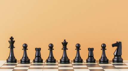 Classic chessboard with black pieces arranged, showcasing strategy and elegance