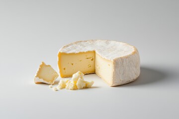 Artisan cheese displayed on a clean surface with a slice cut and small pieces nearby, perfect for gourmet tasting