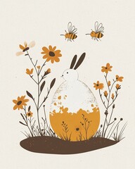 Whimsical rabbit by an egg in a field of vibrant flowers during a sunny spring day
