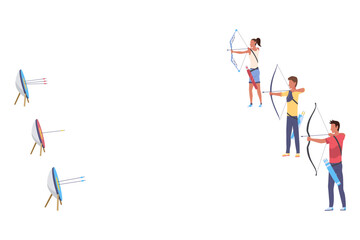 Archery practice or training. Successfully hitting the target. Male and female archers with bows and arrows aiming at targets. Vector artwork depicts success, achievement or accomplishment